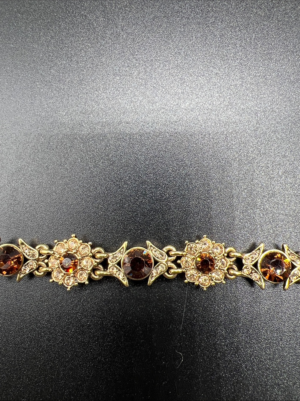 Vintage Monet Amber Topaz Rhinestone Floral Bracelet 7.5” Gold Tone - Picture 7 of 12
